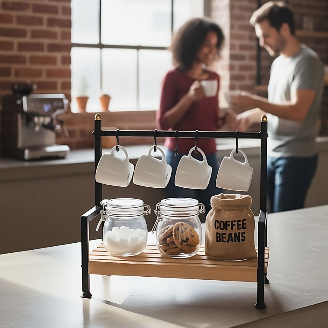 Küchen Regal Tassenhalter 6 Haken| Holz & Metall | Kaffeeecke Organizer
