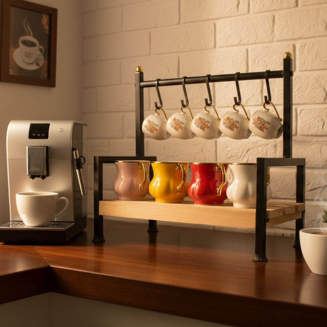 Küchen Regal Tassenhalter 6 Haken| Holz & Metall | Kaffeeecke Organizer