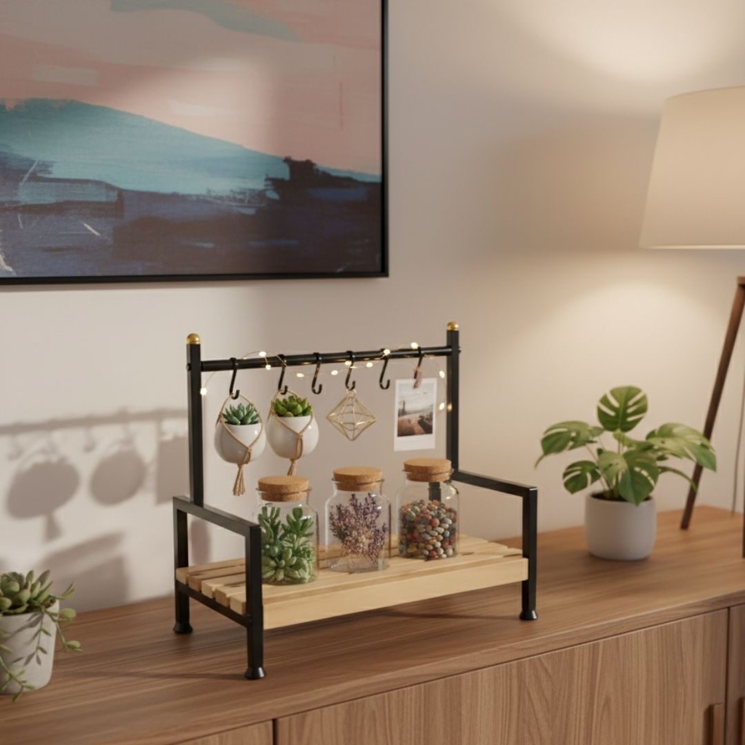 Küchen Regal Tassenhalter 6 Haken| Holz & Metall | Kaffeeecke Organizer