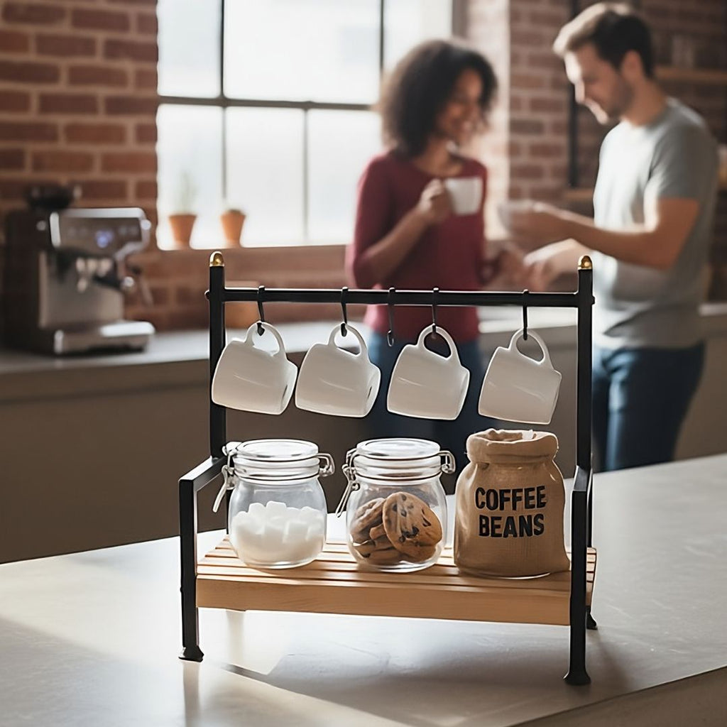 Küchen Regal Tassenhalter 6 Haken| Holz & Metall | Kaffeeecke Organizer