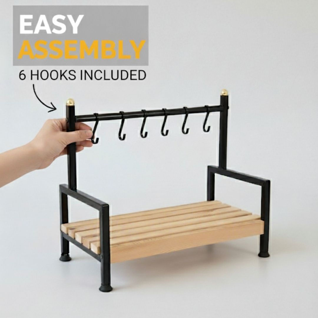 Küchen Regal Tassenhalter 6 Haken| Holz & Metall | Kaffeeecke Organizer