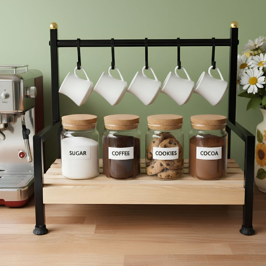 Küchen Regal Tassenhalter 6 Haken| Holz & Metall | Kaffeeecke Organizer